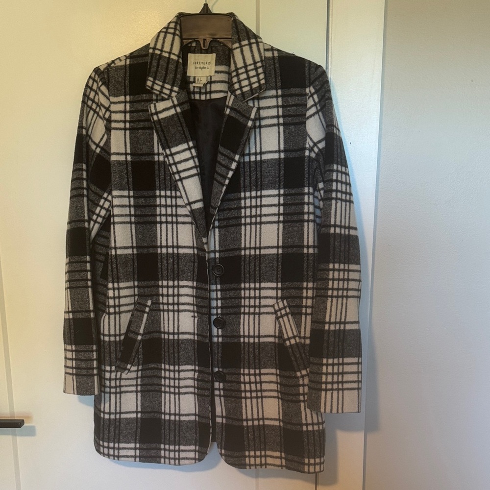 Women’s Black and White Plaid Flannel Long Blazer